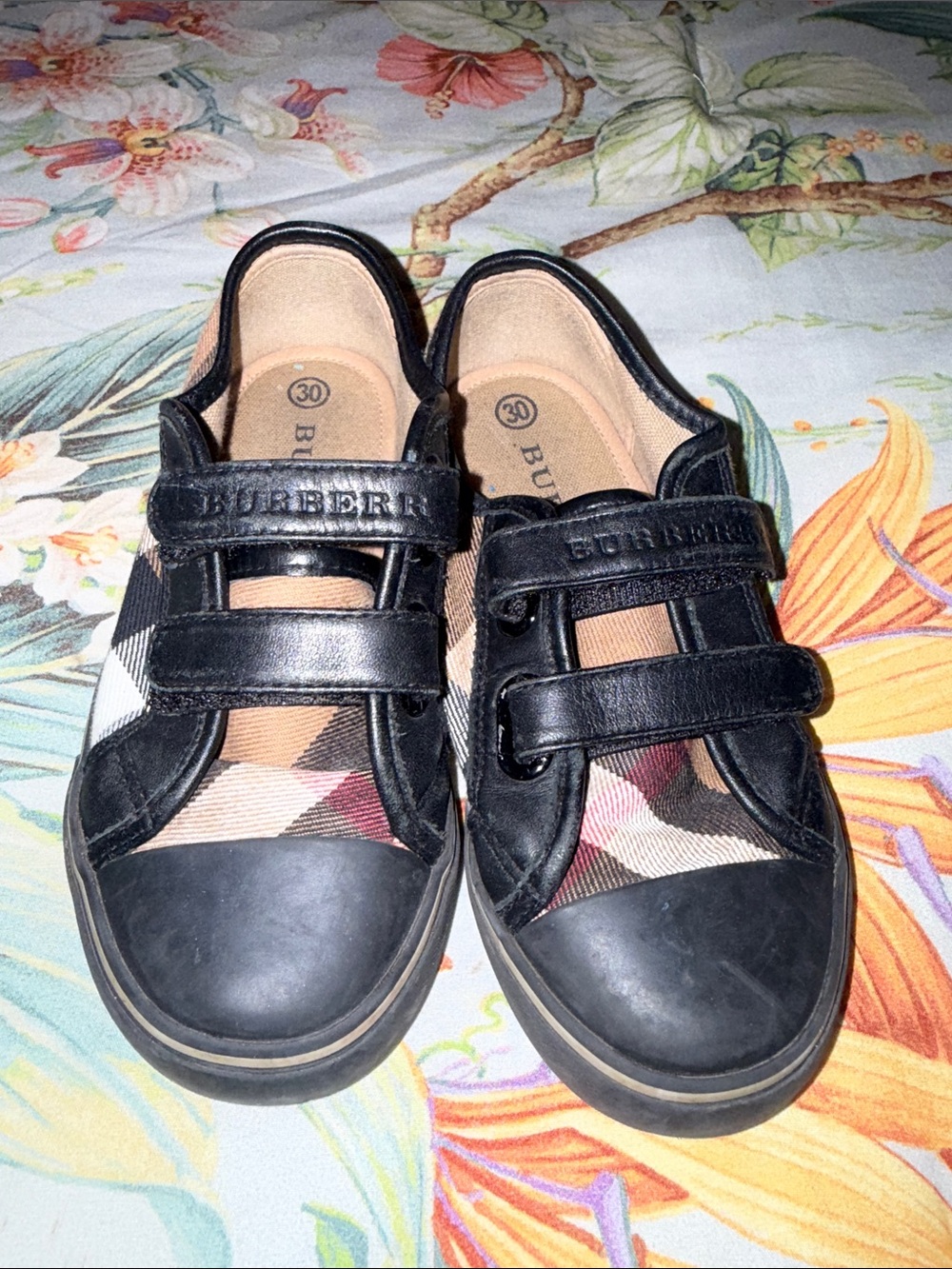 Burberry Black and Beige Plaid Kids Velcro Sneakers